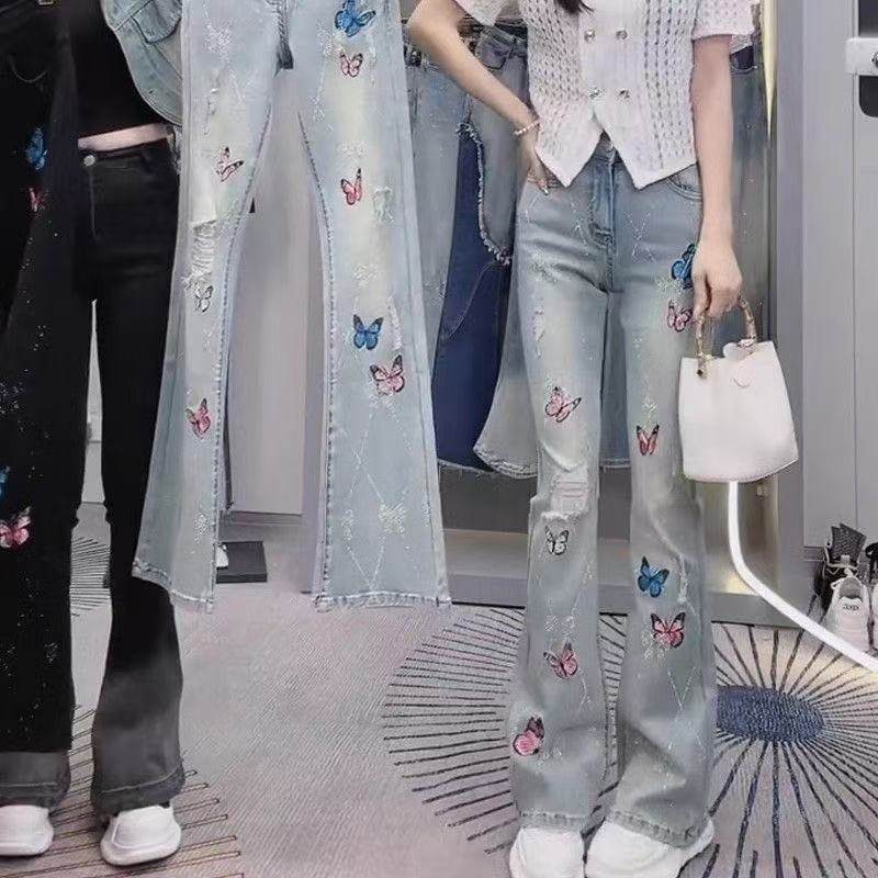 重工绣花微喇叭裤2026年春季新款破洞高腰显瘦镶钻牛仔裤女长裤子