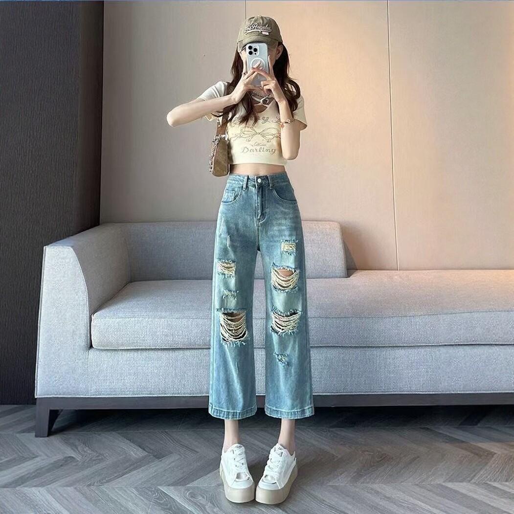 破洞七分阔腿牛仔裤女夏季薄款2026复古高街宽松显瘦小个子八分裤