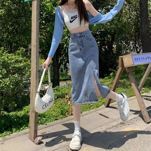 中长款侧开叉半身裙a字牛仔裙