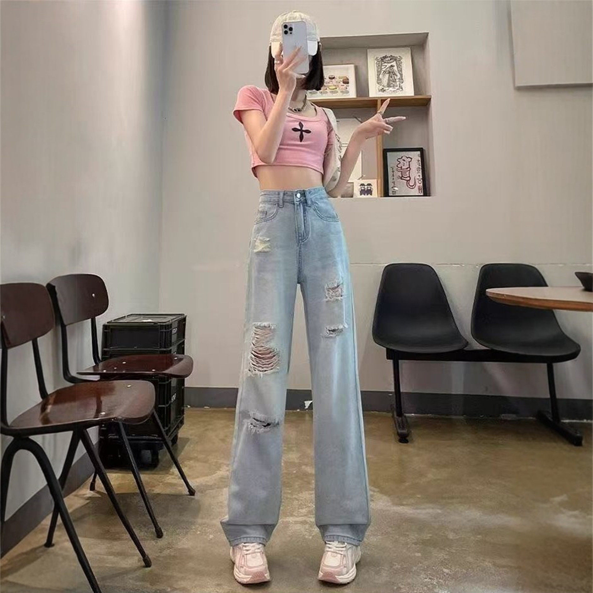 美式破洞牛仔裤女夏季薄款2026年新款高腰直筒窄版阔腿裤拖地裤子