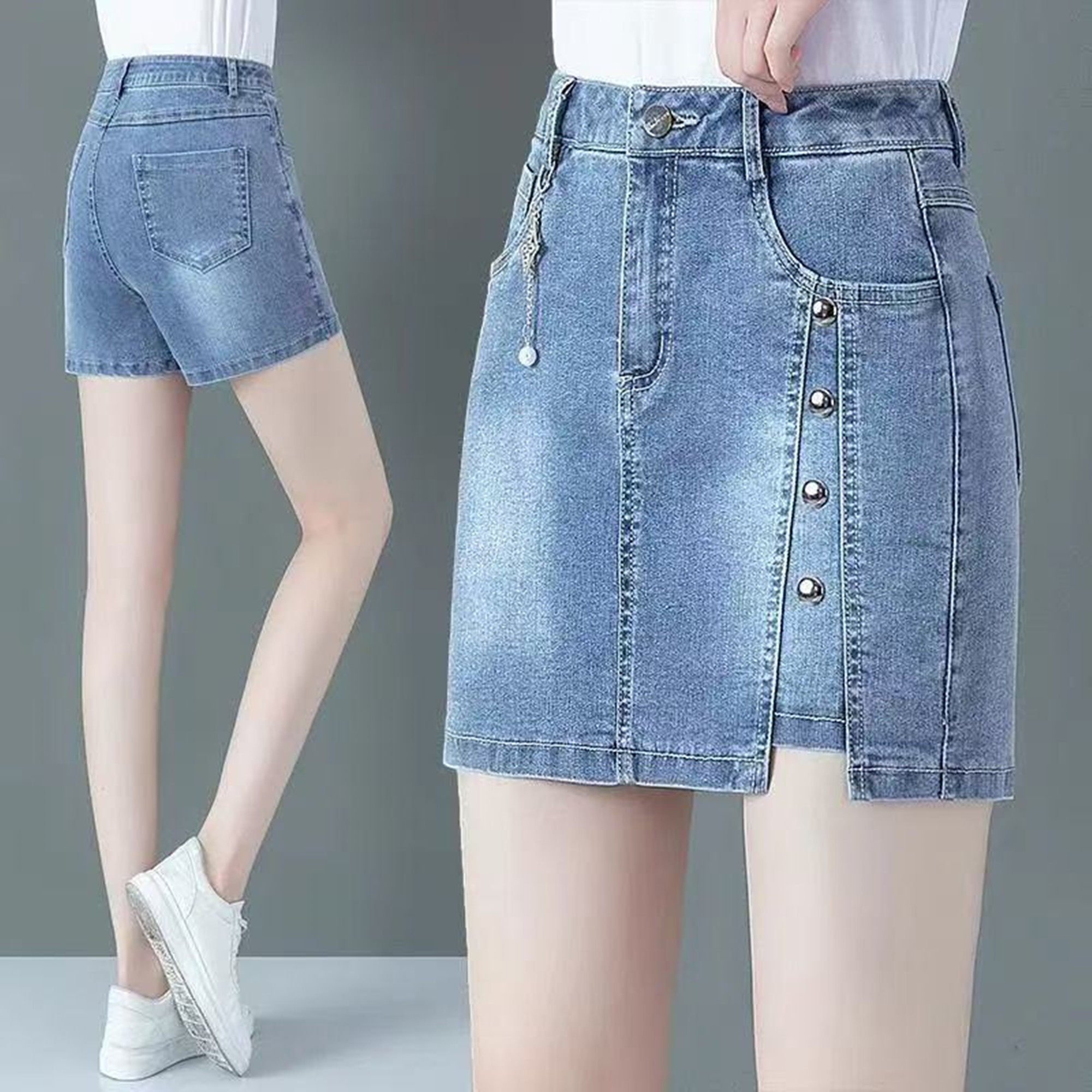 高腰铆钉牛仔短裙裤女新款夏季薄款小个子显瘦a字包臀裙直筒短裤