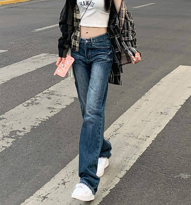 美式辣妹低腰牛仔裤女春季2026新款复古水洗做旧宽松直筒拖地长裤