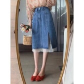a字中长款 高腰宽松百搭修身 学生牛仔裙 韩版 开叉半身裙女2025新款