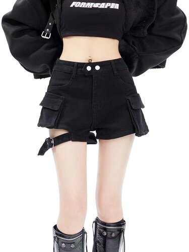 美式复古黑色辣妹高腰牛仔短裤女时尚设计感绑带两口袋工装短裤潮