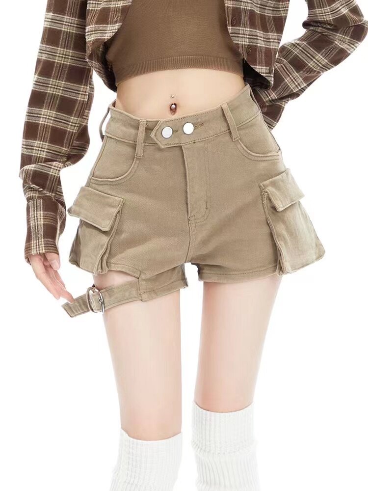 美式复古卡其辣妹高腰牛仔短裤女时尚设计感绑带两口袋工装短裤潮