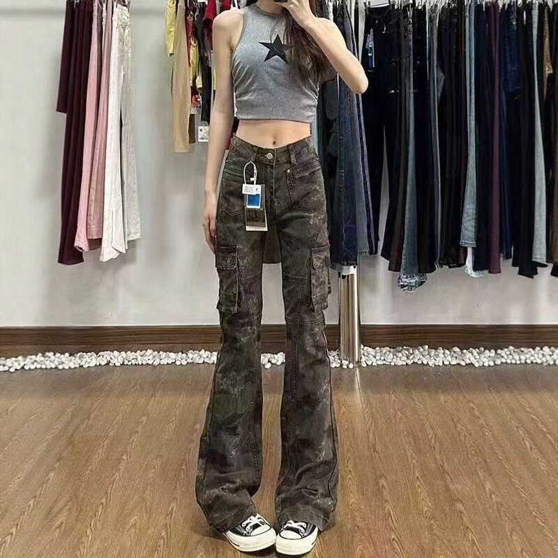 美式微喇叭设计感迷彩色牛仔裤