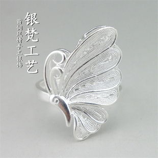 银梵工艺手工花丝银饰999纯银拉丝戒指蝴蝶掐丝送妈妈女友礼物