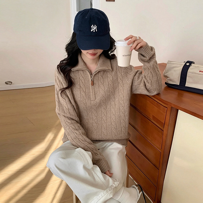 100%羊毛慵懒风半拉链高领麻花针织衫女套头宽松显瘦毛衣时尚女装