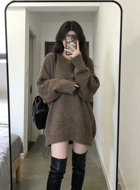 慵懒风咖色中长款毛衣女宽松纯羊毛圆领马海毛针织衫遮屁股上衣