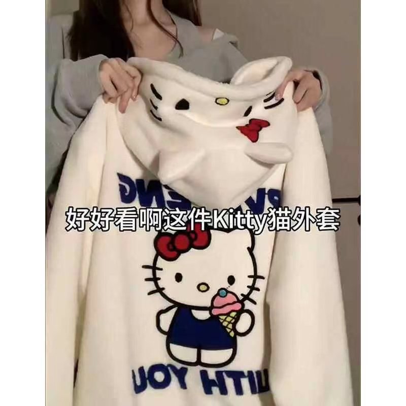 美式可爱卡通凯蒂猫羊羔毛甜美软妹宽松百搭连帽外套女冬季加厚潮