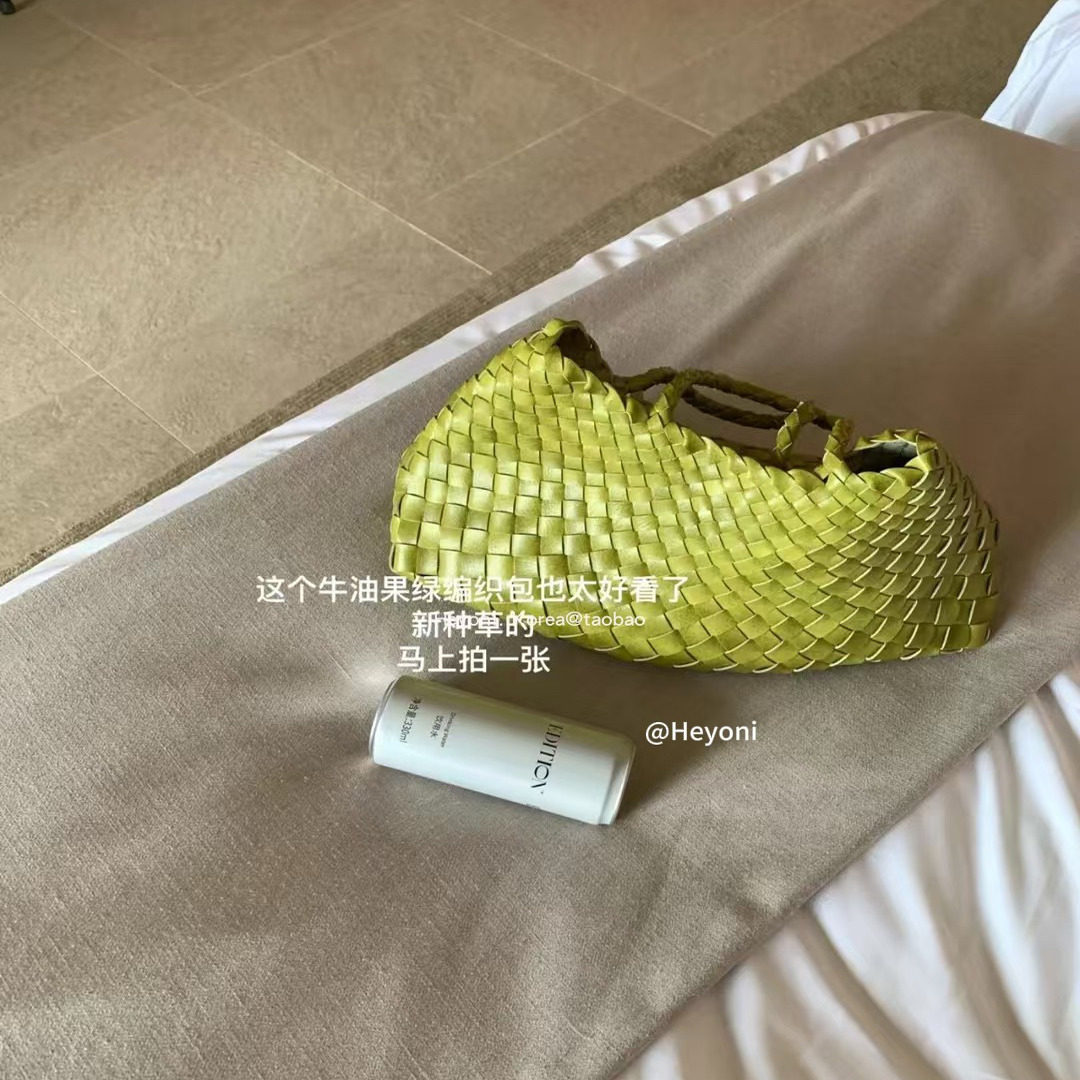 HEYONI韩国小众牛油果绿编织单肩包女度假旅游手提腋下子母托特包