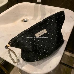 HEYONI韩国高级黑色波点化妆包女大容量珍珠洗漱护肤品小香收纳袋