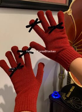 新年韩国红色蝴蝶结针织手套分指