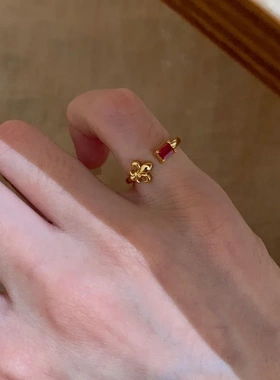 S925纯银复古新中式红色鸢尾花戒指女开口可调节小众高级感食指戒