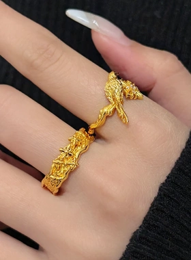 S925纯银复古金色微镶十字乌鸦戒指女开口可调节小众高级感食指戒