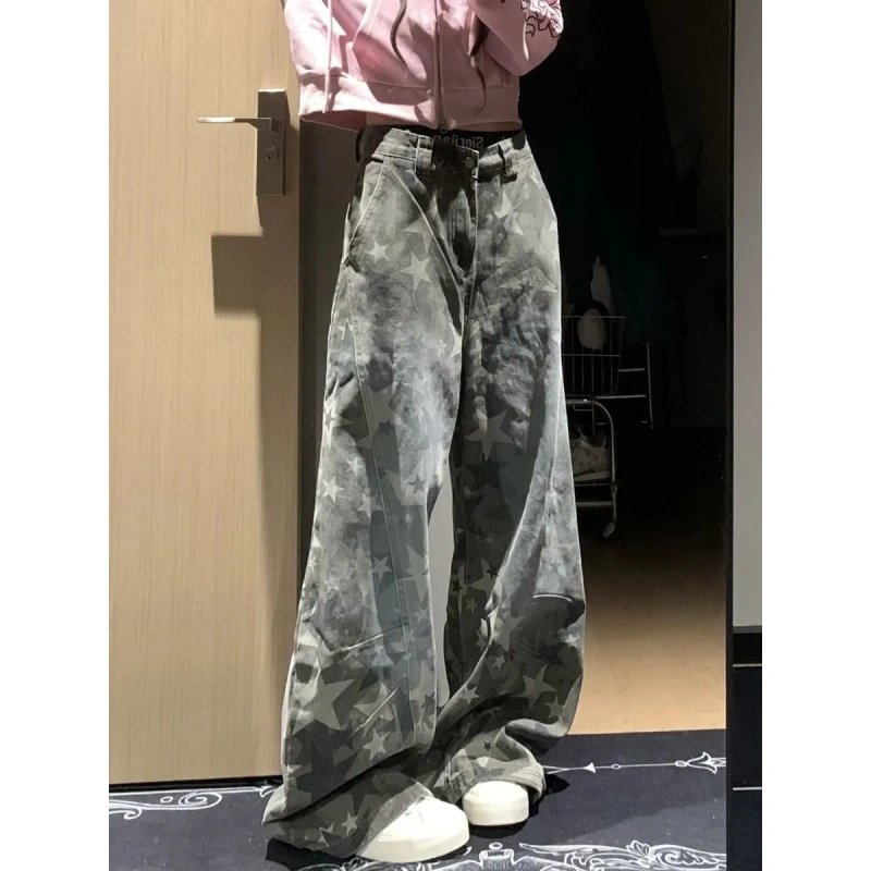 美式高街复古星星印花渐变牛仔裤女高腰宽松休闲百搭阔腿拖地长裤,女装/女士精品,牛仔裤,淘宝优惠券,粉丝福利购,淘宝优惠卷