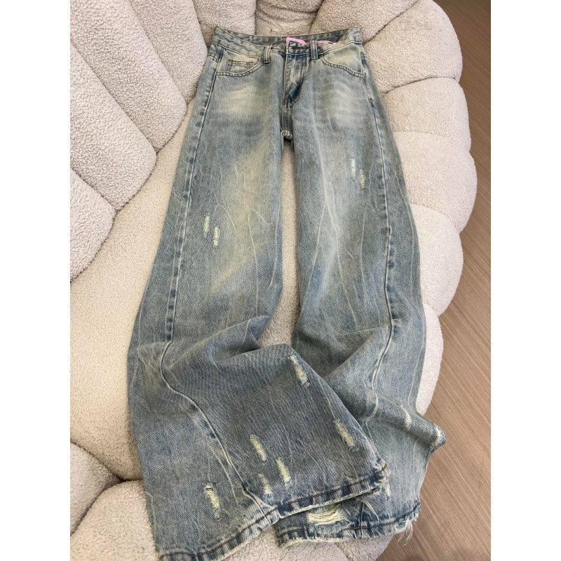 设计磨破2025年美式直筒复古水洗秋季新款破洞宽松拖地阔腿牛仔裤