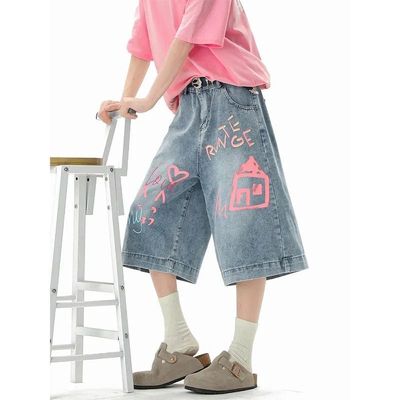 夏季潮牌阔腿宽松中裤美式涂鸦设计感牛仔七分裤女款直筒过膝短裤