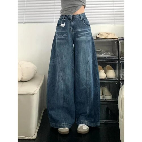美式高街复古弯刀牛仔裤女秋季辣妹设计感宽松显瘦阔腿拖地长裤潮