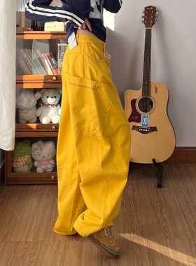 美式复古黄色阔腿弯刀牛仔裤女宽松刺绣设计感显瘦香蕉镰刀拖地裤