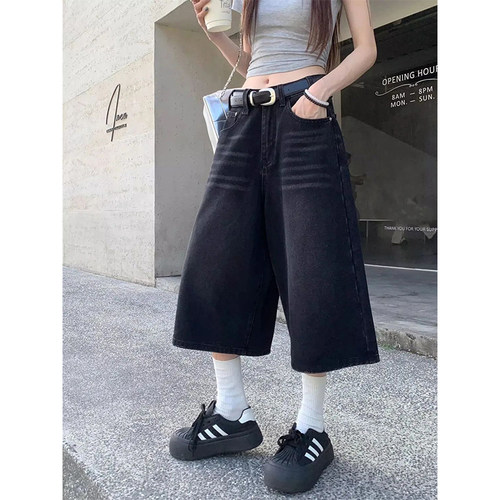 美式复古黑灰色七分牛仔裤女夏季高腰宽松百搭直筒裤中裤显瘦裤子