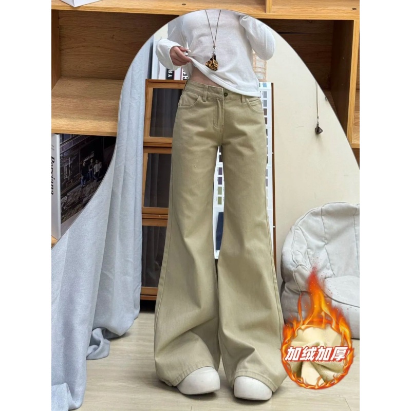 美式卡其色加绒微喇牛仔裤女2025冬季新款低腰宽松直筒喇叭拖地裤