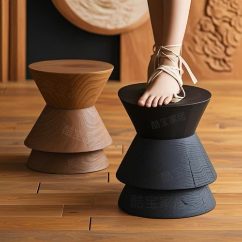 侘寂风边几沙发茶几碳化圆形木墩凳子设计师原木民宿简约装饰摆件