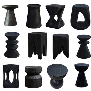 黑色实木凳子客厅摆件北欧碳化墩子树桩民宿创意原木边几圆凳坐凳