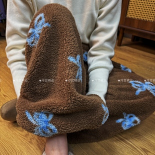 2025冬季新款米粒绒加厚阔腿裤家居裤韩版舒适保暖遛弯裤加绒