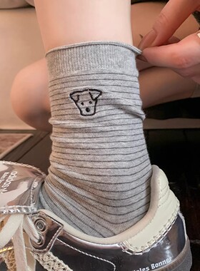 灰色条纹袜子女夏季薄款中筒袜纯棉长袜春秋款日系可爱小狗堆堆袜