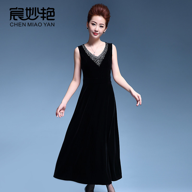 贵夫人阔太太洋气金丝绒连衣裙高贵妈妈时尚百搭无袖打底背心长裙