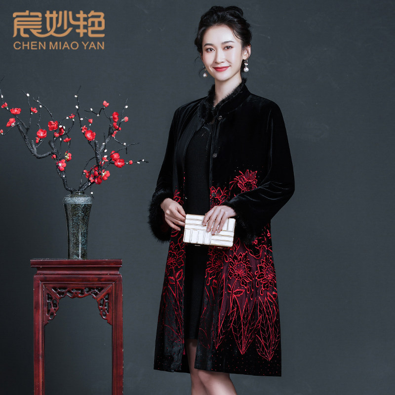 精致大气刺绣高贵优雅金丝绒风衣