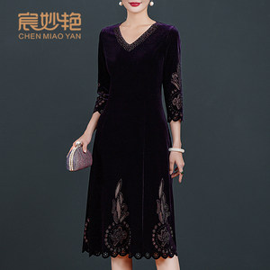 宸妙艳秋季新款气质洋气流行裙子女婚宴妈妈礼服金丝绒连衣裙