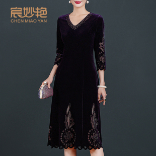 宸妙艳秋季 气质洋气流行裙子女婚宴妈妈礼服金丝绒连衣裙 新款