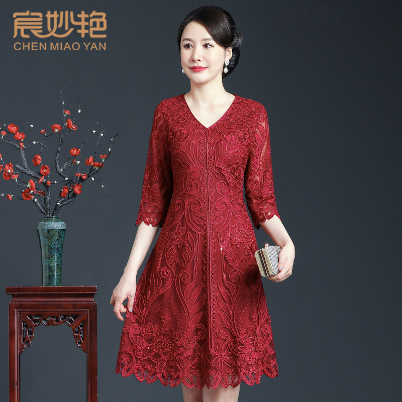 宸妙艳高贵优雅气质小个子妈妈装婚宴礼服修身显瘦刺绣蕾丝连衣裙