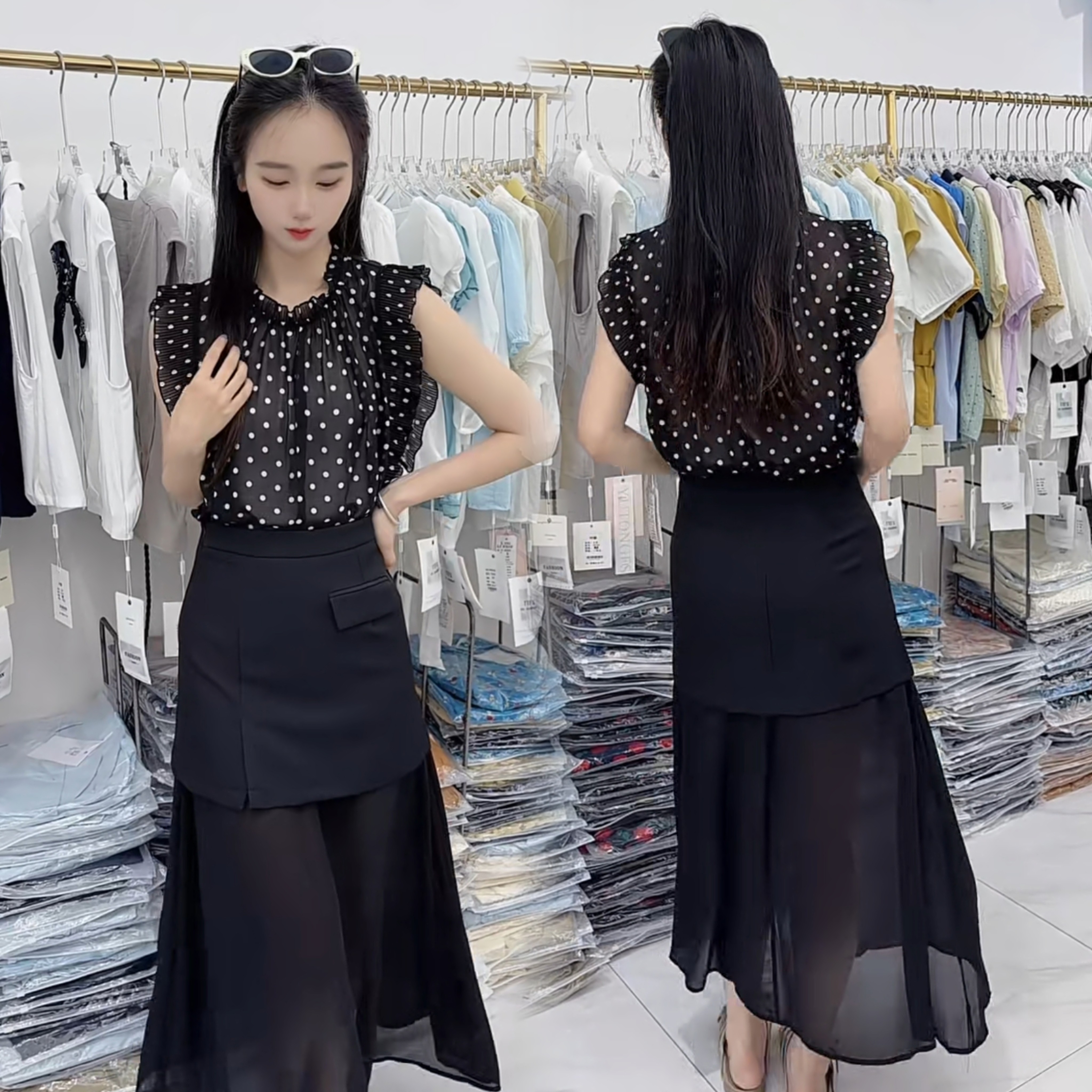 透视波点上衣半身裙两件套女2025夏季洋气修身设计感气质套装裙子