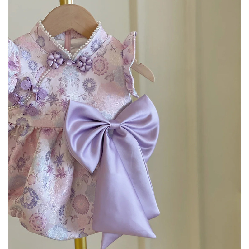 中国风百天宝宝衣服夏季洋气蝴蝶结婴童旗袍哈衣周岁婴儿连体衣夏