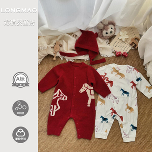 宝宝过年衣服冬装红色喜庆婴幼儿针织毛绒保暖爬服婴儿连体衣冬季