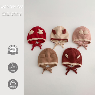 满月宝宝帽子冬季洋气超萌婴童百搭保暖系绳护耳帽婴儿包头帽冬款