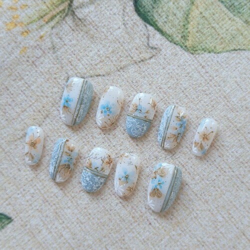 【繁花】纯手工穿戴甲春夏中短款手绘水彩美甲贴片可拆卸爆款