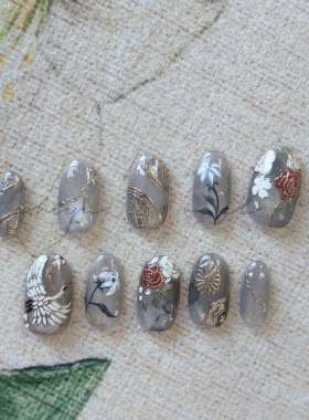 【花间鹤舞】纯手工穿戴甲新中式国风水墨晕染手绘猫眼清冷感美甲