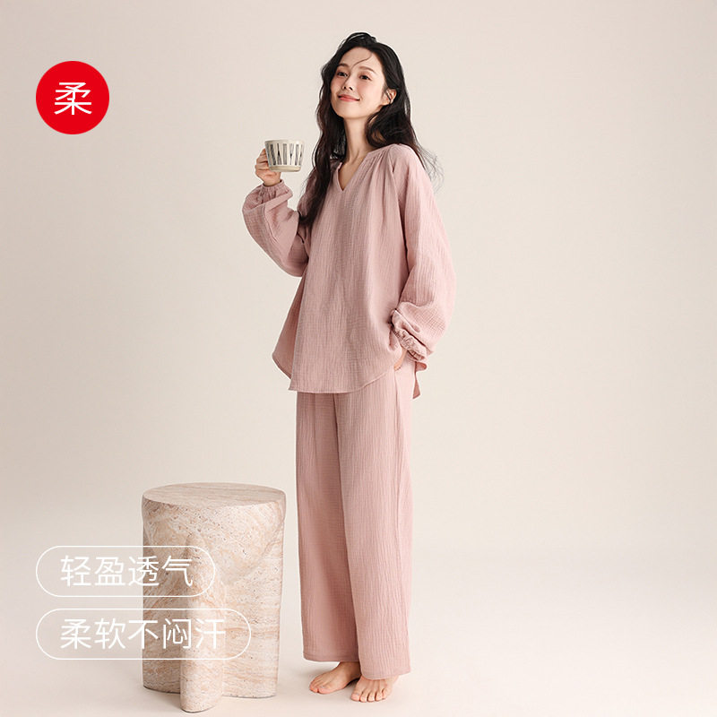 春秋款纯棉睡衣女婴儿棉双层绉布长袖套头V领家居服宽松休闲套装