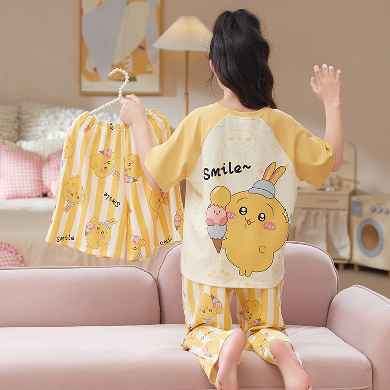 女童睡衣夏款纯棉短袖儿童三件套薄款洋气女孩家居服夏季2026新款