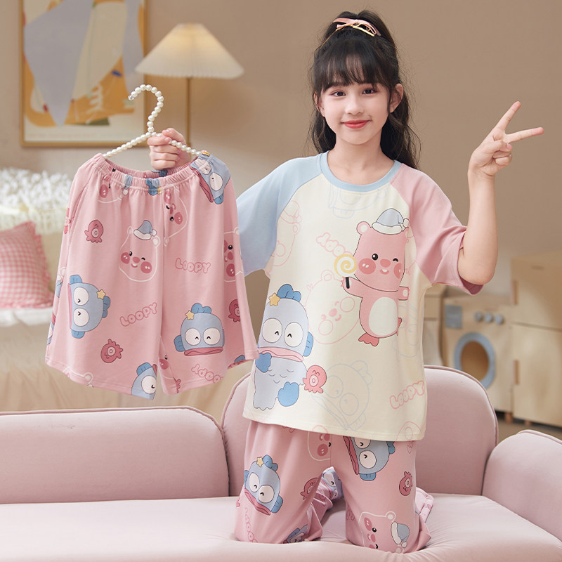 女童睡衣夏款纯棉短袖儿童三件套薄款洋气女孩家居服夏季2026新款