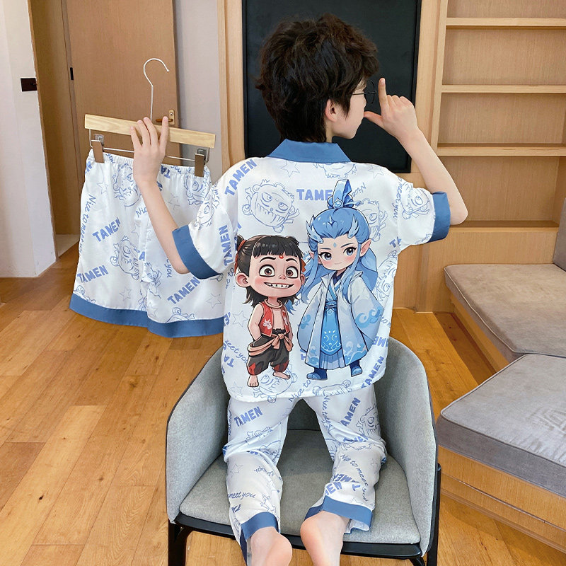 三件套男童睡衣夏季冰丝短袖薄款2026新款儿童男孩大童家居服夏款
