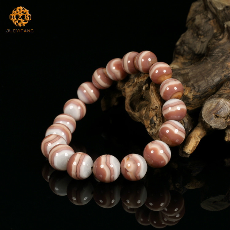 珏艺坊宣化战国红玛瑙精品粉色白缟缠丝圆珠手串手链 SCYZ1003