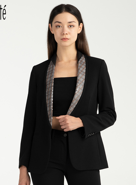 Lovete新款西装领长袖小西服通勤修身黑色珠片礼服晚宴西装外套女