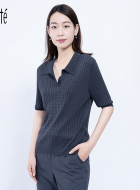 Lovete夏梵夏季新品五分袖女士精品编制提花职场通勤针织衫
