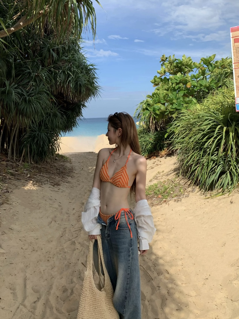 Sunset日落黄昏泳装海边橙色毛巾布比基尼度假风小胸显白泳衣