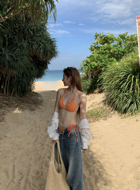 Sunset日落黄昏泳装海边橙色毛巾布比基尼度假风小胸显白泳衣